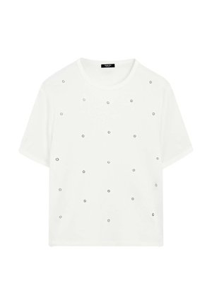 Vit T-shirt med korta ärmar och rund halsringning, prydd med silverfärgade cirkulära nitar jämnt fördelade över framsidan och en avslappnad passform.