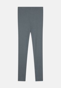 Grå ribbestrikkede leggings med en glatt tekstur og elastisk midje, som har en tettsittende passform fra midjen til ankelen. Lange og uniforme i formen.