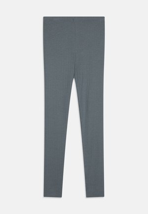 Grå ribbestrikkede leggings med en glatt tekstur og elastisk midje, som har en tettsittende passform fra midjen til ankelen. Lange og uniforme i formen.