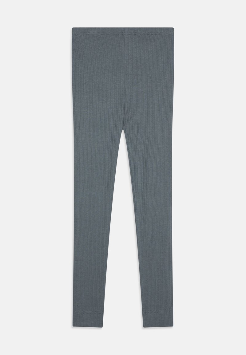 Leggings cinzas com textura suave e faixa elástica na cintura, apresentando um ajuste justo do quadril até o tornozelo. Longos e uniformes em forma.