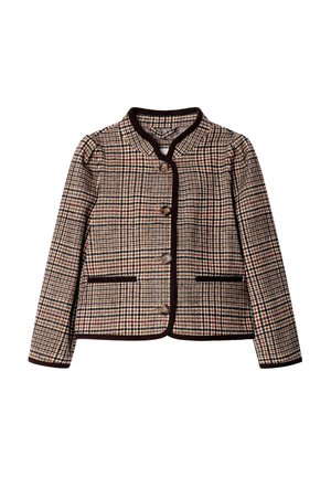 Braun-beige karierte Jacke mit Knöpfen und langen Ärmeln, dunklem Besatz an den Kanten und zwei Vordertaschen, flach auf weißem Hintergrund präsentiert.