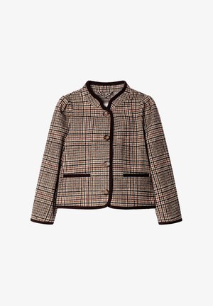 Bruin-beige geruite jas met knopen, lange mouwen, donkere bies langs de randen en twee voorzakken, plat liggend op een witte achtergrond.