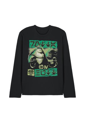 Schwarzes Langarmshirt mit dem Star Wars The Mandalorian Charakter Grogu, mit grün-beiger Grafik und Text in Star Wars-Stil-Schriftart.