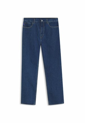 Dark blue straight-leg denim jeans with five pockets and a button closure at the waist, shown flat on a white background.