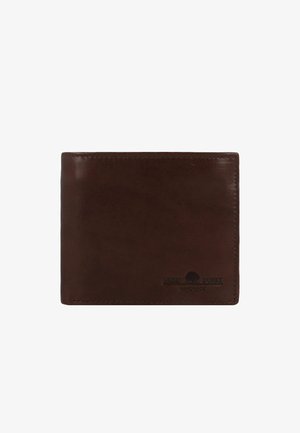 Bruine leren bi-fold portemonnee met een gladde textuur, subtiele stiksels en een geperst logo-detail. Compact ontwerp met een klassieke vorm.