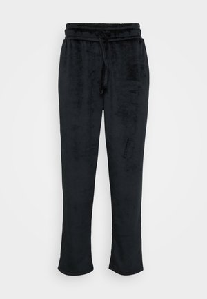 Black, soft lounge pants with an elastic waistband and drawstring. Features a smooth texture and straight leg design.