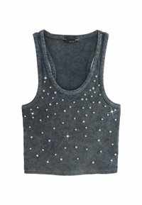 Top in maglia a coste grigio scuro con ampie aperture per le braccia, caratterizzato da strass argento disposti in un motivo sparso sulla parte anteriore.
