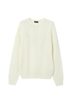 Maglione di cotone chiaro a maglia con motivo a coste, colletto rotondo e spalle scese. Tessuto testurizzato con polsini e orlo aderenti.