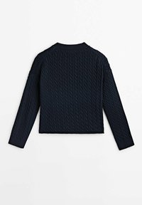 Pull en maille torsadée bleu marine à manches longues et col rond côtelé, présenté à plat vue de dos sur un fond blanc.