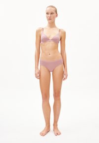 Light pink lingerie set featuring a bralette with adjustable straps and matching hipster briefs, smooth texture, minimalistic design.