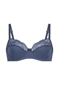 Navy blue bh met kantafwerking aan de bovenkant van de cups, textuurlijntjes op de stof en verstelbare schouderbanden. Kleine decoratieve strik in het midden.