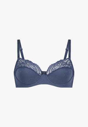 Navy blue bh met kantafwerking aan de bovenkant van de cups, textuurlijntjes op de stof en verstelbare schouderbanden. Kleine decoratieve strik in het midden.