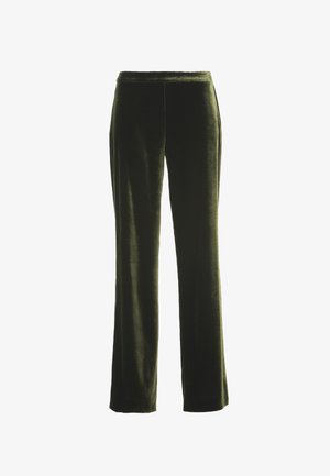 Donkergroene fluwelen rechte broek met een elastische tailleband, plat getoond op een witte achtergrond.