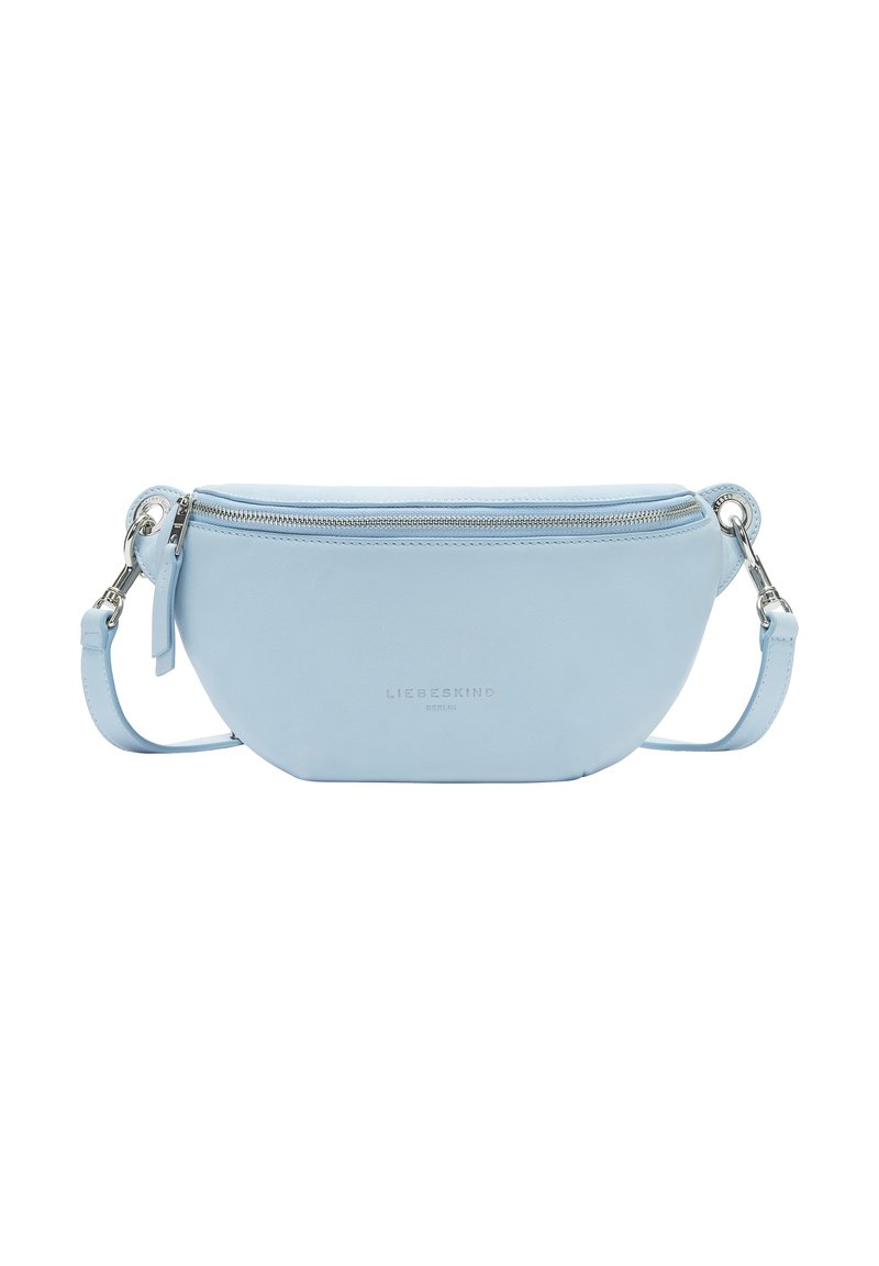 Borsa a tracolla in pelle blu con forma arrotondata, dotata di cerniera argento, tracolla regolabile e logo impresso sul fronte.