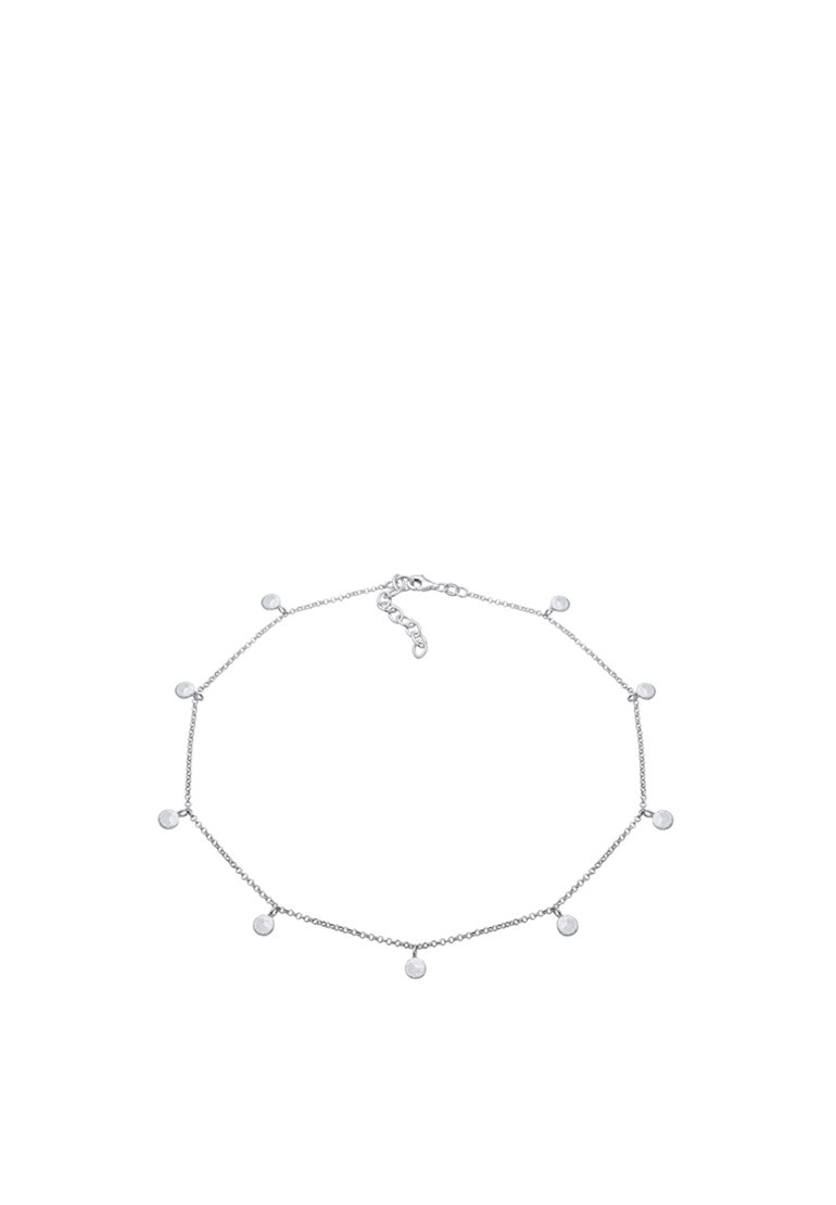 Bracelet chaîne en argent délicat avec huit petits charms ronds en argent, espacés uniformément le long de la chaîne et fermeture à fermoir réglable.