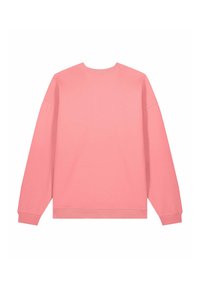 Felpa rosa con maniche lunghe, polsini e orlo a costine, scollo rotondo e tessuto liscio in misto cotone, mostrata da dietro.