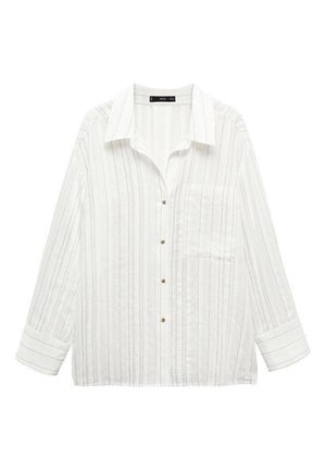 White button-up shirt with vertical stripes, long sleeves, a chest pocket, and a classic collar. Features gold-tone buttons.