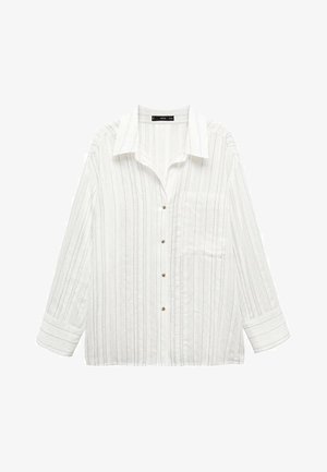 White button-up shirt with vertical stripes, long sleeves, a chest pocket, and a classic collar. Features gold-tone buttons.