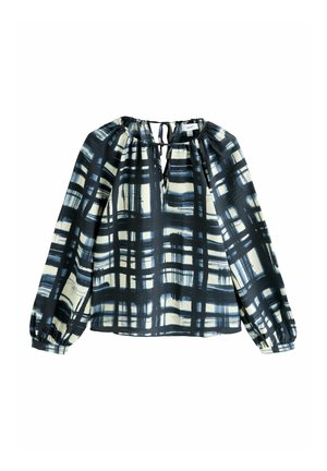 Langärmlige Bluse mit einem schwarzen und cremefarbenen Karomuster, einem gerafften Ausschnitt und Bindebanddetail auf der Rückseite. Der Stoff wirkt glatt.