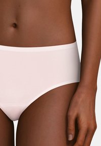 Helle rosa nahtlose Panties mit einer glatten matten Textur, elastischem Bund und mittelhohem Schnitt. Der Stoff wirkt dehnbar und bequem.