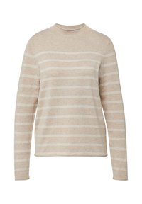 Beige sweater met lange mouwen en witte horizontale strepen. Ronde hals, zachte textuur en een relaxte fit. Simpel ontwerp, zonder versieringen.