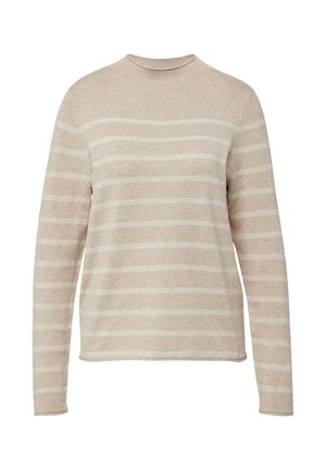 Beige sweater met lange mouwen en witte horizontale strepen. Ronde hals, zachte textuur en een relaxte fit. Simpel ontwerp, zonder versieringen.