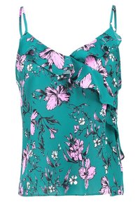 Turkusowy top na ramiączkach w kwiaty z różowymi motywami, falbaniaste wykończenie, regulowane ramiączka i lekka tkanina. Charakteryzuje się luźnym krojem.