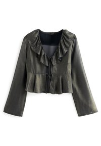 Schwarz glänzende, cropped Bluse aus Metall mit langen Ärmeln, gerafftem Kragen, vornem Knoten und schwingendem Saum. Glatte Textur mit dezentem Glanz.