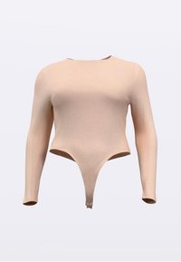 Beżowe body z długim rękawem, z wysokim dekoltem, w kroju stringów, o gładkiej fakturze i dopasowanym fasonie. Bez widocznych elementów metalowych ani wzorów.