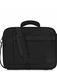 Czarna torba na laptopa wykonana z trwałego materiału, z górnym uchwytem, regulowanym paskiem na ramię, przednią kieszenią na zamek i płaskim designem.