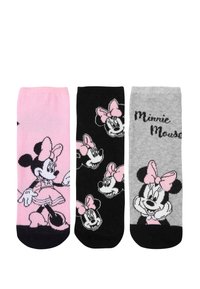 Tre paia di calzini con design di Minnie Mouse. Colori: rosa, nero e grigio. I modelli includono l'immagine intera del personaggio e volti ripetuti.