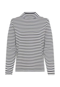 Langärmliges Rollkragenoberteil in Weiß und Marineblau gestreift, mit figurbetontem Schnitt und glatter Textur. Keine zusätzlichen Verzierungen oder Muster.