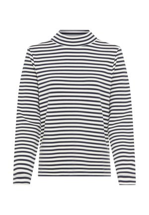Wit en marineblauw gestreept turtleneck shirt met lange mouwen, voorzien van een aansluitend ontwerp en een gladde textuur. Geen extra versieringen of patronen.