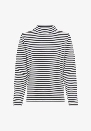 Wit en marineblauw gestreept turtleneck shirt met lange mouwen, voorzien van een aansluitend ontwerp en een gladde textuur. Geen extra versieringen of patronen.