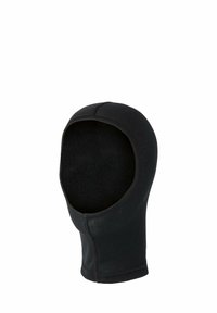 Zwarte, aansluitende balaclava gemaakt van zacht, rekbaar materiaal. Naadloos ontwerp met een open gezicht en een strakke pasvorm rondom de nek. Zachte binnenvoering.