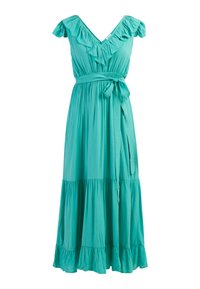 Rochie maxi teal, cu decolteu în V volanat, mâneci scurte și talie legată. Fabricată dintr-un material moale, cu un tiv în straturi pentru o siluetă fluidă.