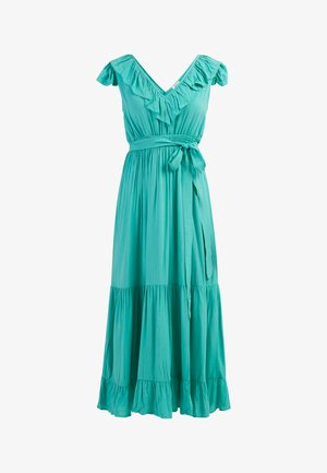 Teal maxi kleit koos rippuva V-kaeluse, lühikeste varrukate ja seotud vööga. Valmistatud pehmest kangast, omab kihilist hemmi voolava silueti jaoks.