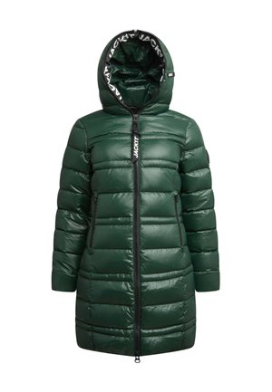 Groene pufferjack met een glanzende afwerking, rits aan de voorkant, twee ritszakken, geribde boorden en een capuchon met een merkinterieur.