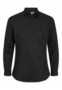 Schwarzes Langarmshirt mit Button-Down-Kragen, einer Brusttasche und vorderem Knopfverschluss. Glattes Baumwollgewebe ohne Muster.