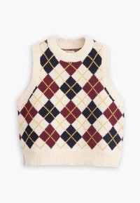 Pull sans manches en maille présentant un motif losanges en bordeaux, bleu marine, jaune et blanc sur fond ivoire. Col et ourlet côtelés.