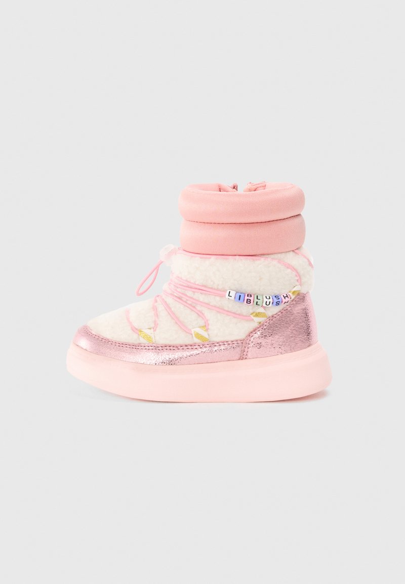 Pink winter boot with a fluffy white textile body, metallic pink accents, round padded collar, and colorful lace details.