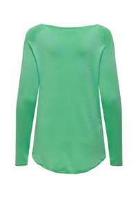Groen shirt met lange mouwen, gemaakt van een gladde stof, met een ronde halslijn en een iets gebogen zoom aan de achterkant.