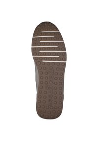 Sohle eines Schuhs mit strukturiertem, hellbraunem Gummi, runden Griffen und weißen vertikalen Linien. Markenname "Paul Green" eingeprägt.