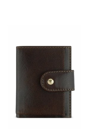 Brown leather wallet with a textured finish, featuring a rounded button closure and contrasting stitching along the edges.