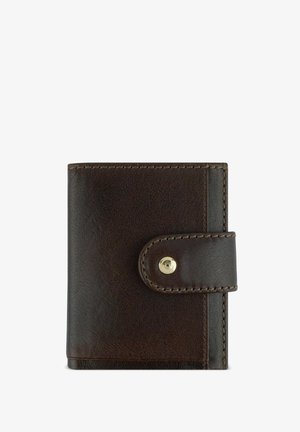 Braune Lederbörse mit strukturierter Oberfläche, ausgestattet mit einem runden Druckverschluss und kontrastierenden Nähten entlang der Kanten.