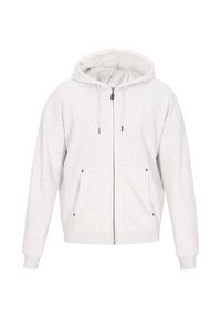 Grå dragkedje-hoodie i mjukt tyg, med dragsko i huvan, två framfickor och en liten logotyp på bröstet.