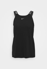 Czarny sportowy top na ramiączkach z okrągłym dekoltem, szerokimi ramiączkami z wzorzystymi akcentami oraz małym białym logo Nike na piersi.