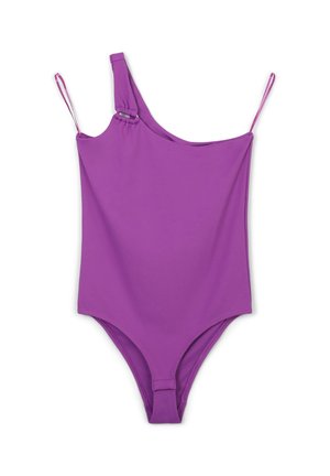 Maillot de bain violet à une épaule en tissu lisse, avec des bretelles réglables et une taille haute à l'arrière avec fermeture par agrafe.
