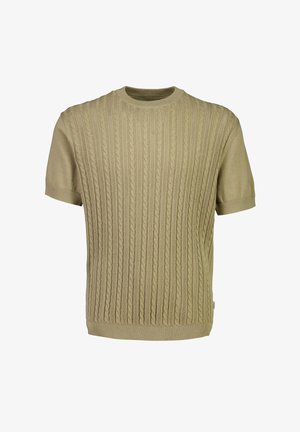 Beiger Pullover mit kurzen Ärmeln, strukturiertem Zopfmuster, Rundhalsausschnitt sowie gerippten Bündchen und Saum.