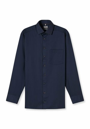 Hemd in Marineblau mit langen Ärmeln aus strukturiertem Stoff, mit durchgehender Knopfleiste, Brusttasche sowie kontrastierenden Kragen und Manschetten.